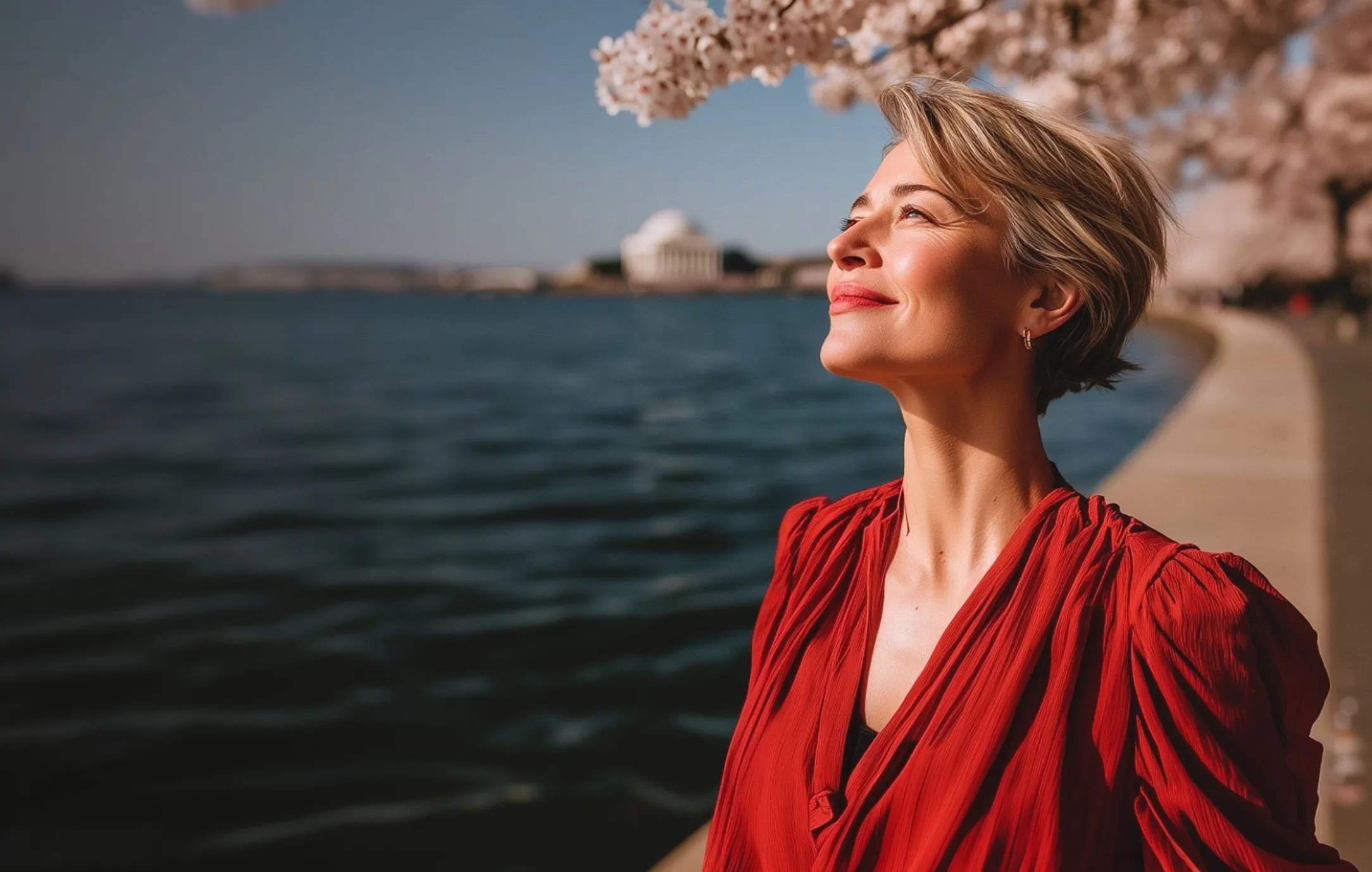 Woman in a red blouse enjoying sunlight near a waterfront with cherry blossoms overhead and a domed building in the background.