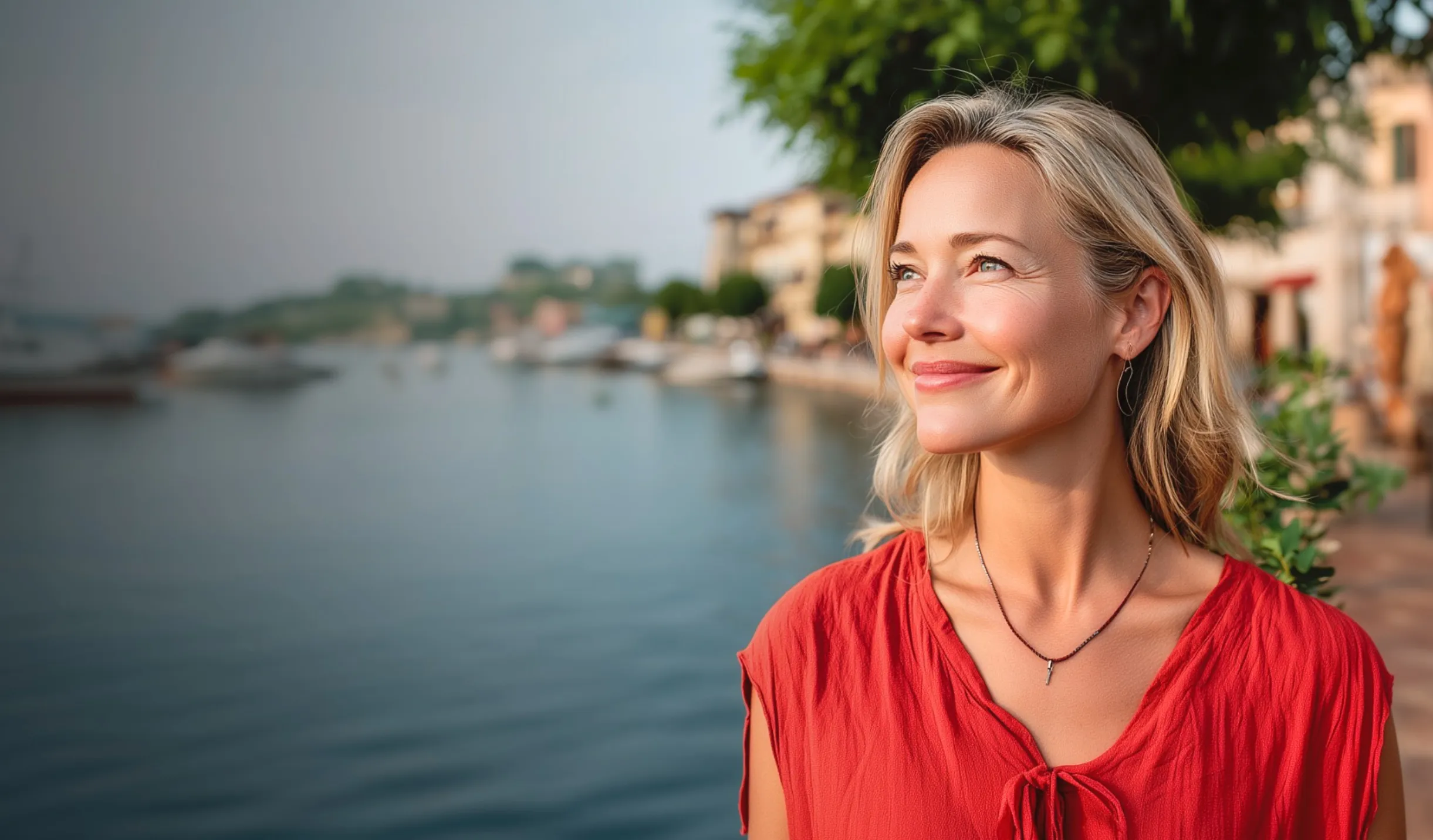 Smiling blonde woman in a red top near a calm waterfront with blurred boats and buildings.