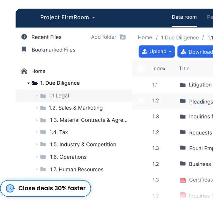 Screenshot of the FirmRoom VDR interface with a folder tree and Due Diligence section, shown inside the Top Virtual Data Room Providers 2025 overview.