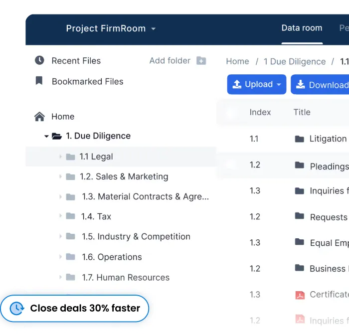 Screenshot of the FirmRoom VDR interface with a folder tree and Due Diligence section, shown inside the Top Virtual Data Room Providers 2025 overview.