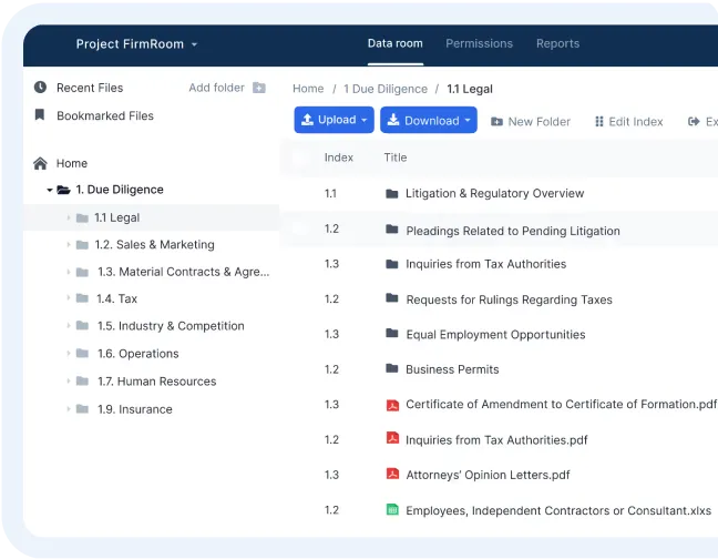 Screenshot of the FirmRoom VDR interface with a folder tree and Due Diligence section