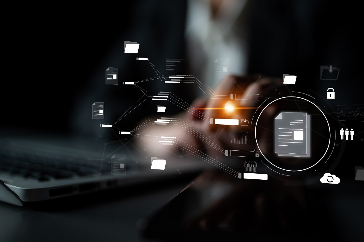 AI-powered virtual data room interface showing connected documents, folders, and secure file workflows over a laptop