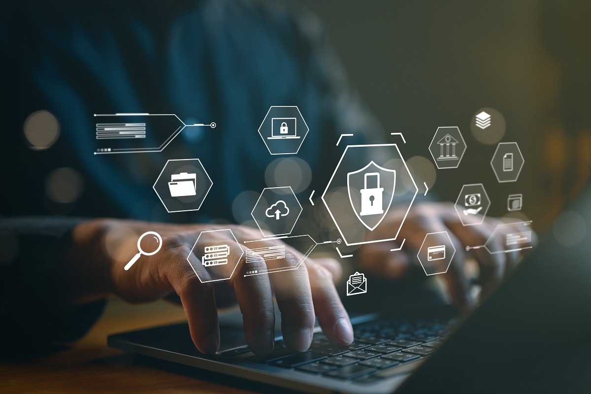 Secure virtual data room concept with document icons, search tools, and lock symbols representing AI-driven security controls