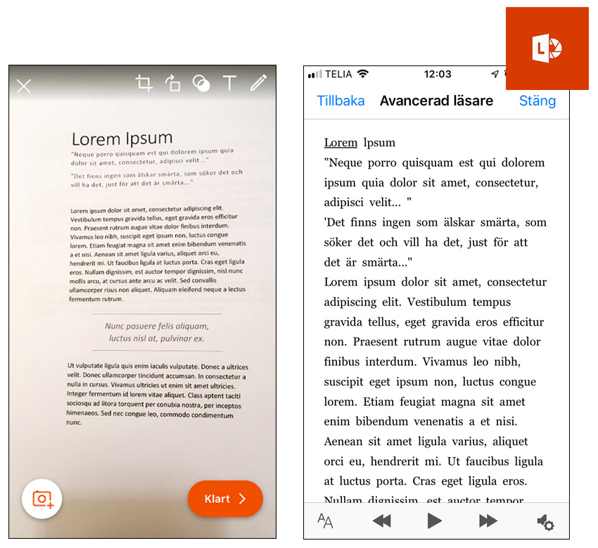 Scanna text med Avancerad läsare i Office Lens