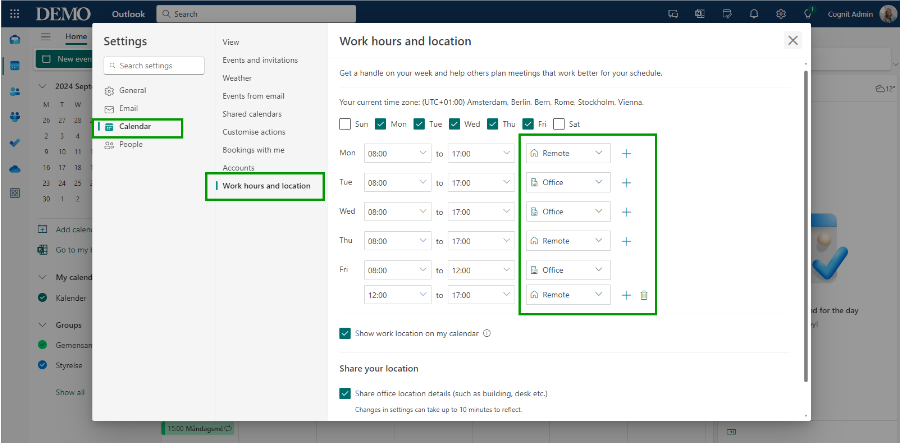 Ställ in din standardarbetstid och -arbetsplats i Outlook