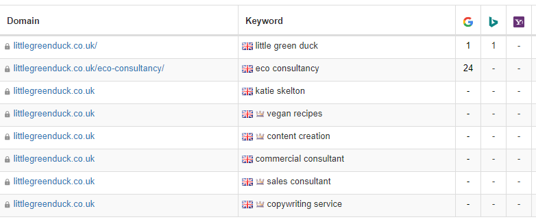 Search engine ranking positions in Google and other popular search engines