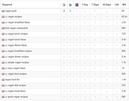 Search engine ranking positions in Google and other popular search engines