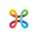Colorful abstract looped symbol with rounded ends in pink, orange, yellow, green, and blue.