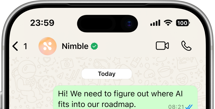 Top portion of a smartphone screen showing a WhatsApp chat with Nimble, including a message that reads, 'Hi! We need to figure out where AI fits into our roadmap.'