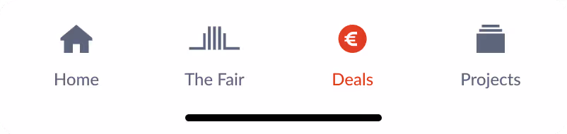 Navigation bar with icons and labels: Home, The Fair, Deals highlighted in red, and Projects.