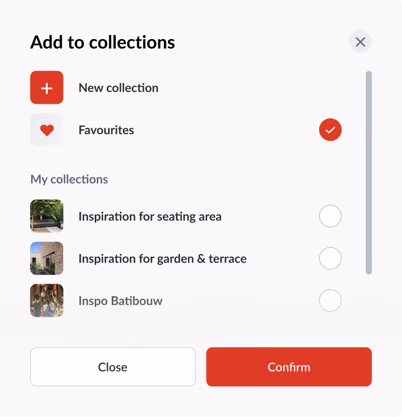 Interface for adding items to collections showing options for New collection, Favourites selected, and three more collections with images and checkboxes.