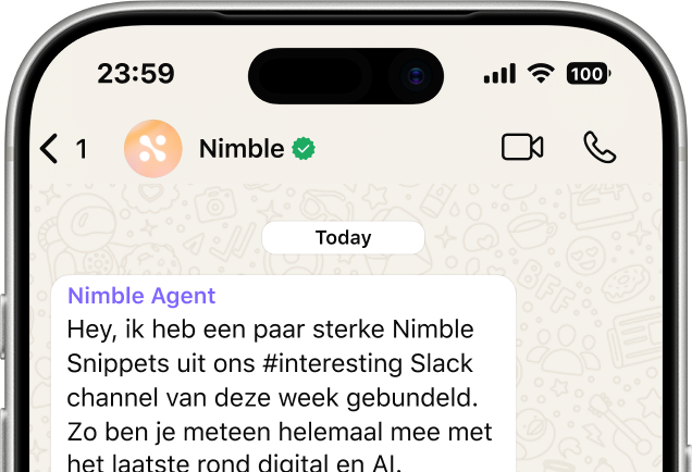 Top portion of a smartphone screen showing a WhatsApp chat with Nimble, including a message that reads, 'Hi! We need to figure out where AI fits into our roadmap.'