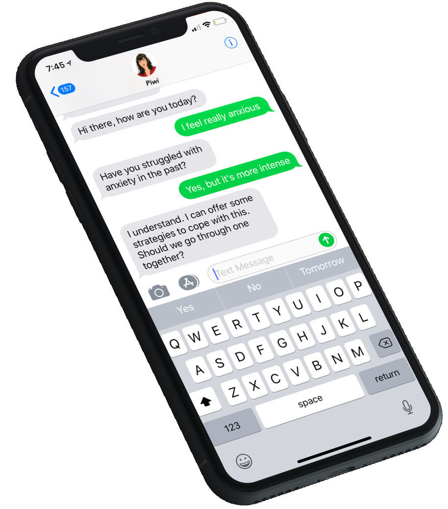 This is an image of a text conversation between Piwi and someone that needs help. Piwi says "I can offer some strategies to cope with this. Should we go through one together?"