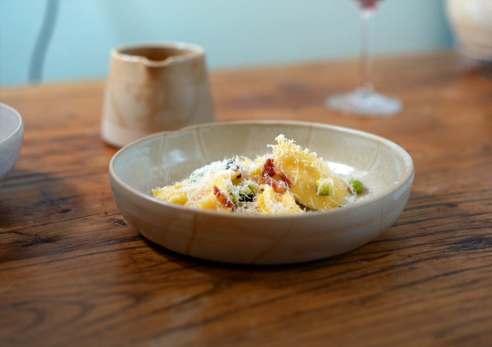 plating agnolotti carbonara pecorino