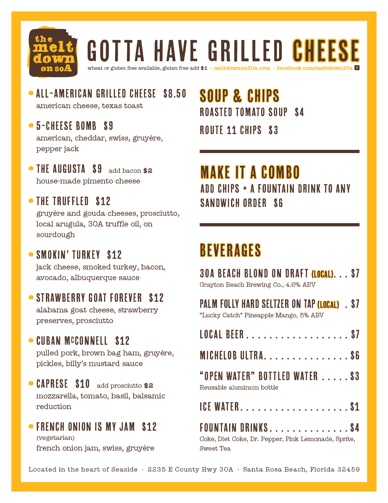 Meltdown on 30A grilled cheese menu with options like All-American, 5-Cheese Bomb, The Augusta, and drinks including local beers and fountain sodas.