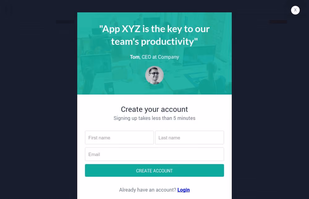Account Creation Popup Form Template