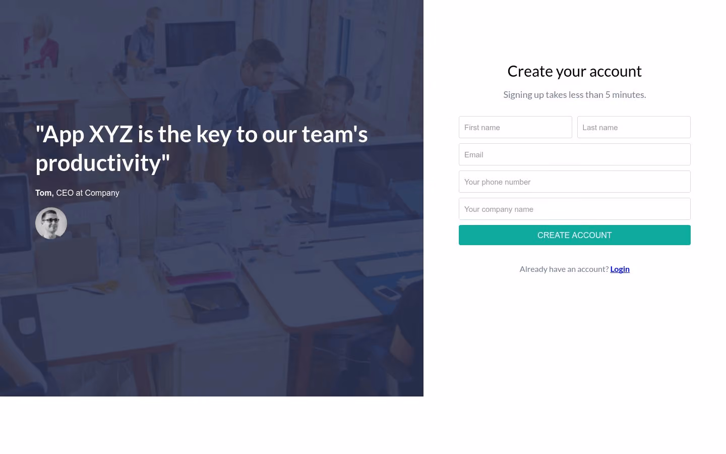 Account Creation Landing Page Template