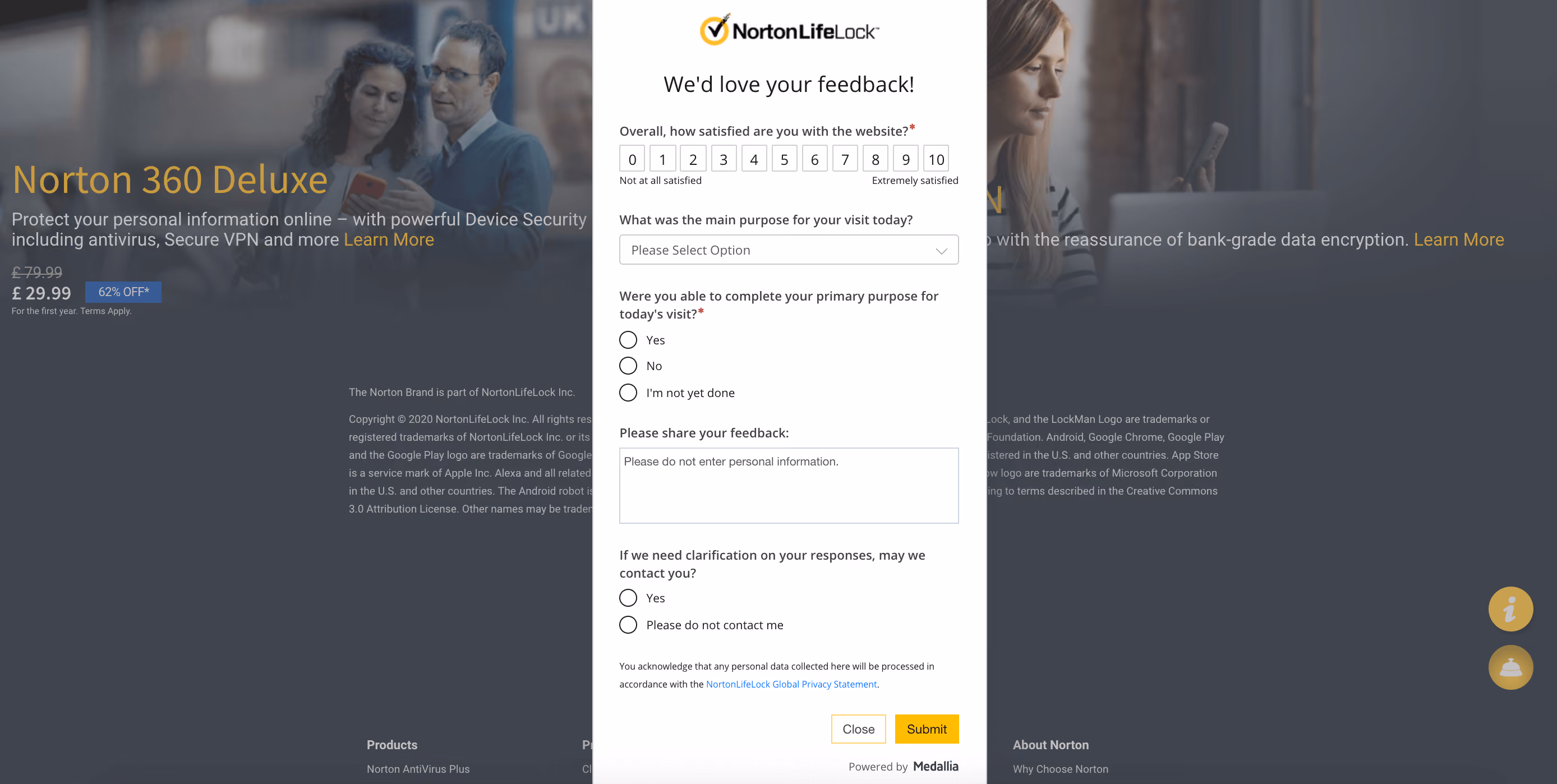 Norton Website Survey Popup