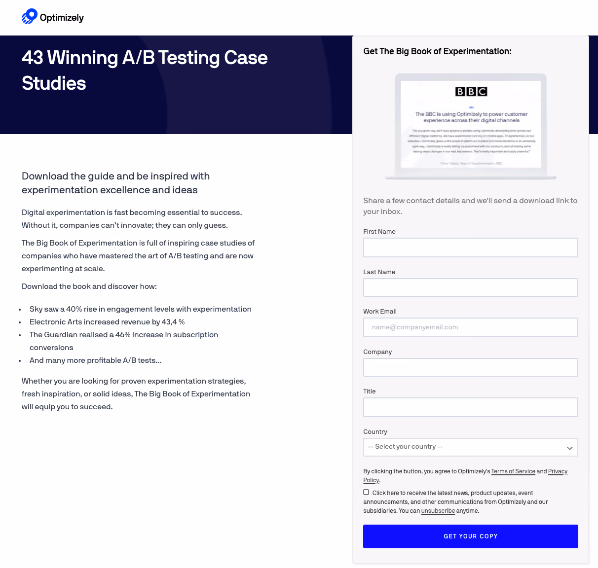 Optimizely's Ebook Landing Page