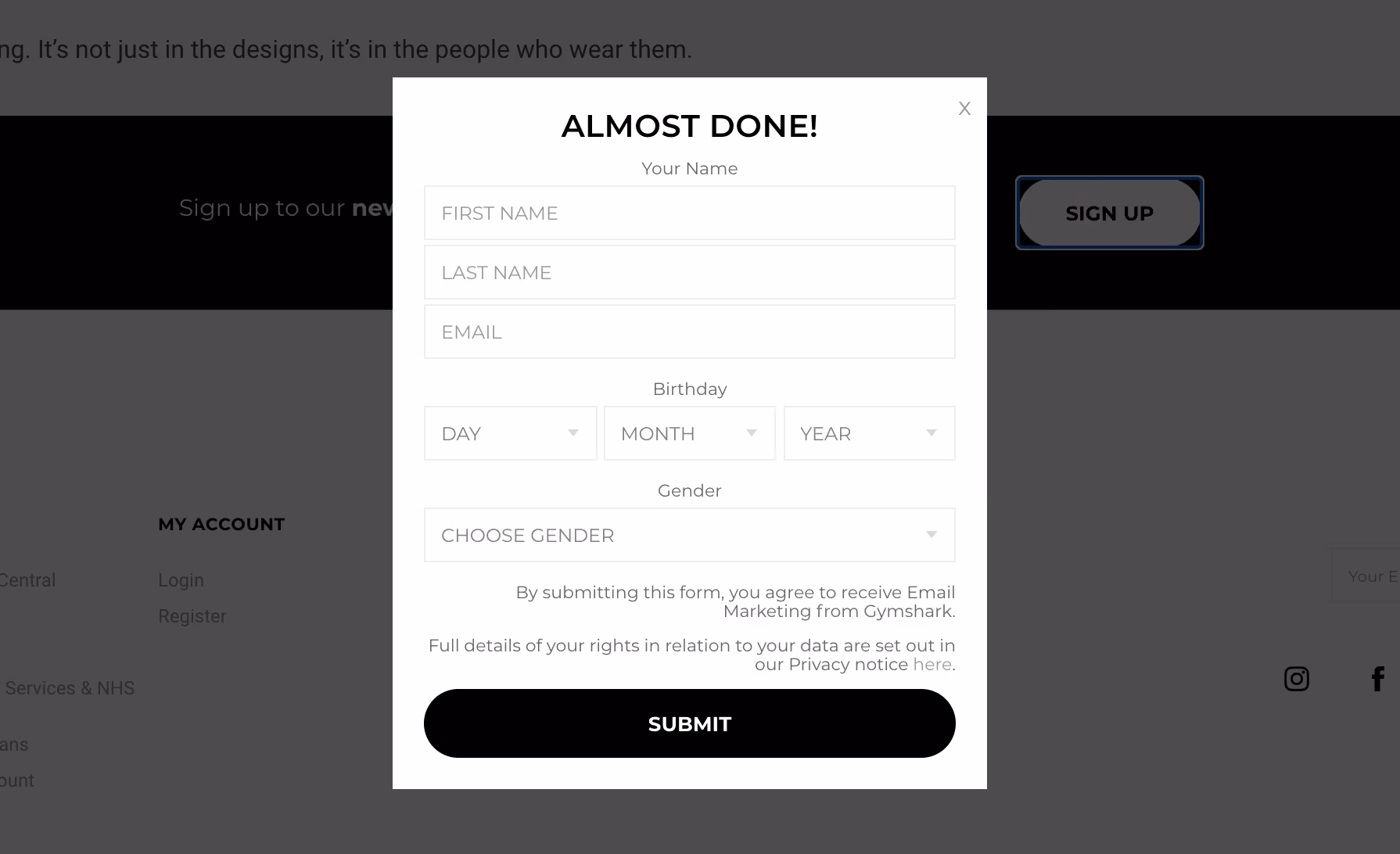 Gymshark’s Sign-Up Form