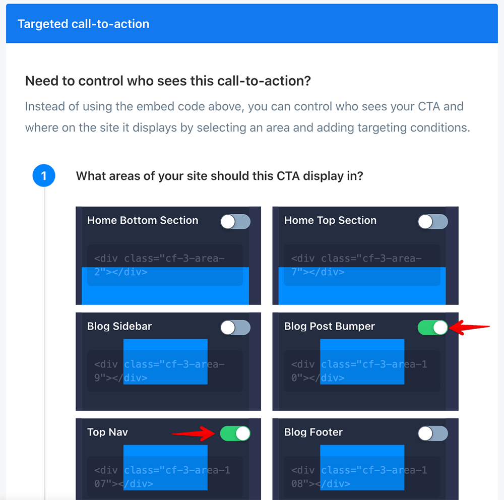 Target embedded calls-to-action to pre-defined website areas