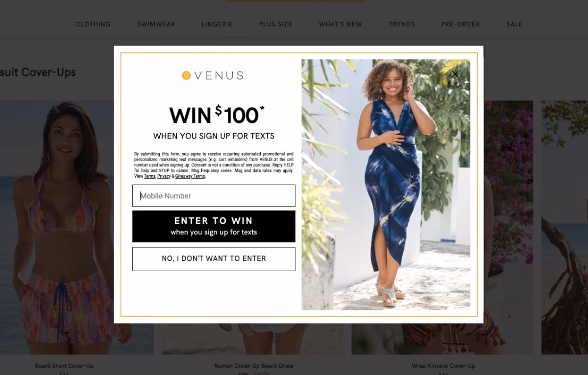 Venus Contest SMS Popup