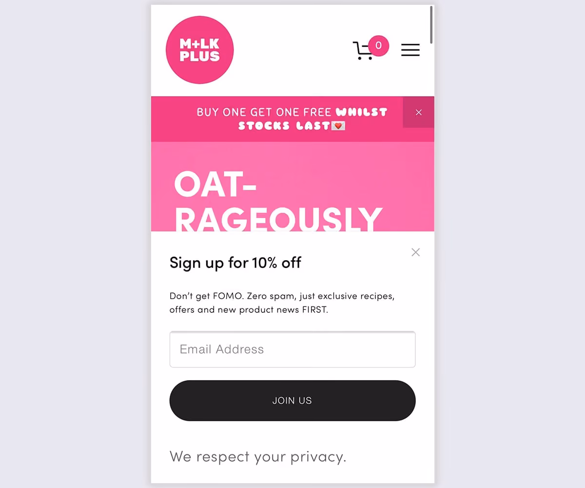 Mylk Plus Mobile Popup Code