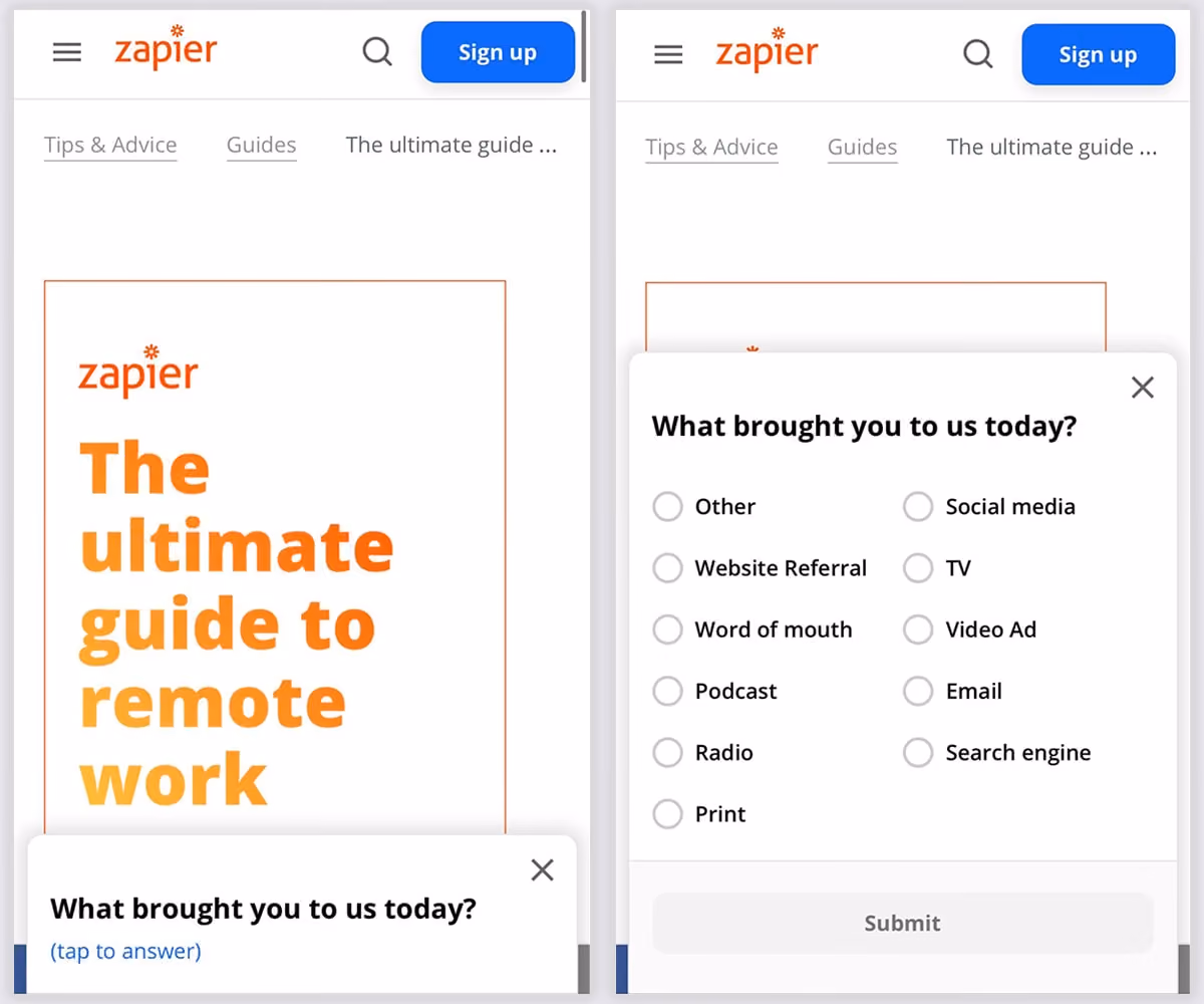 Zapier Mobile Popup Survey