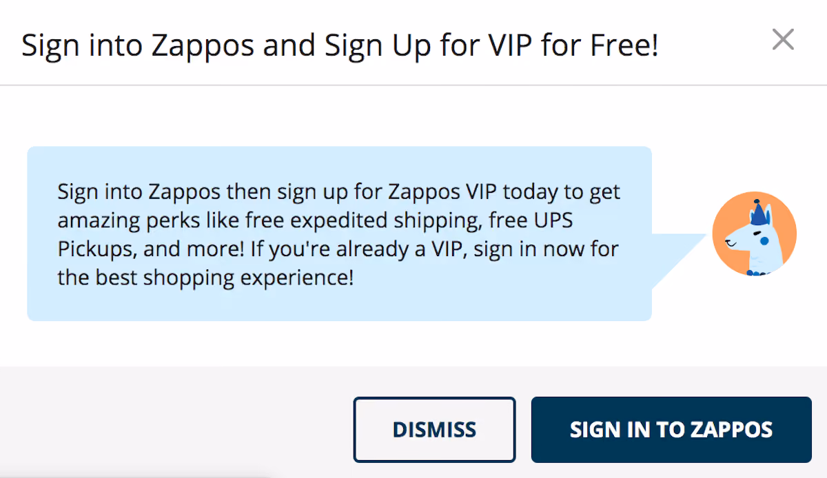 Zappos VIP Club Popup