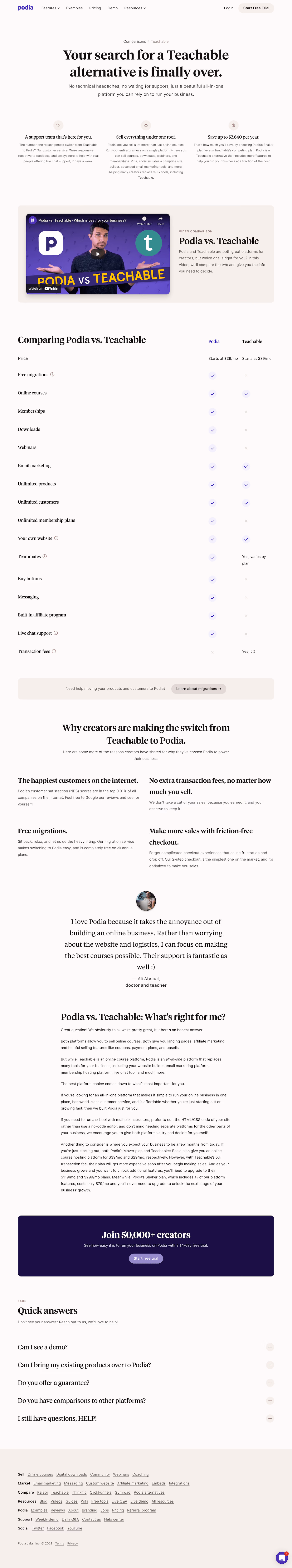 Podia vs. Teachable Comparison Page