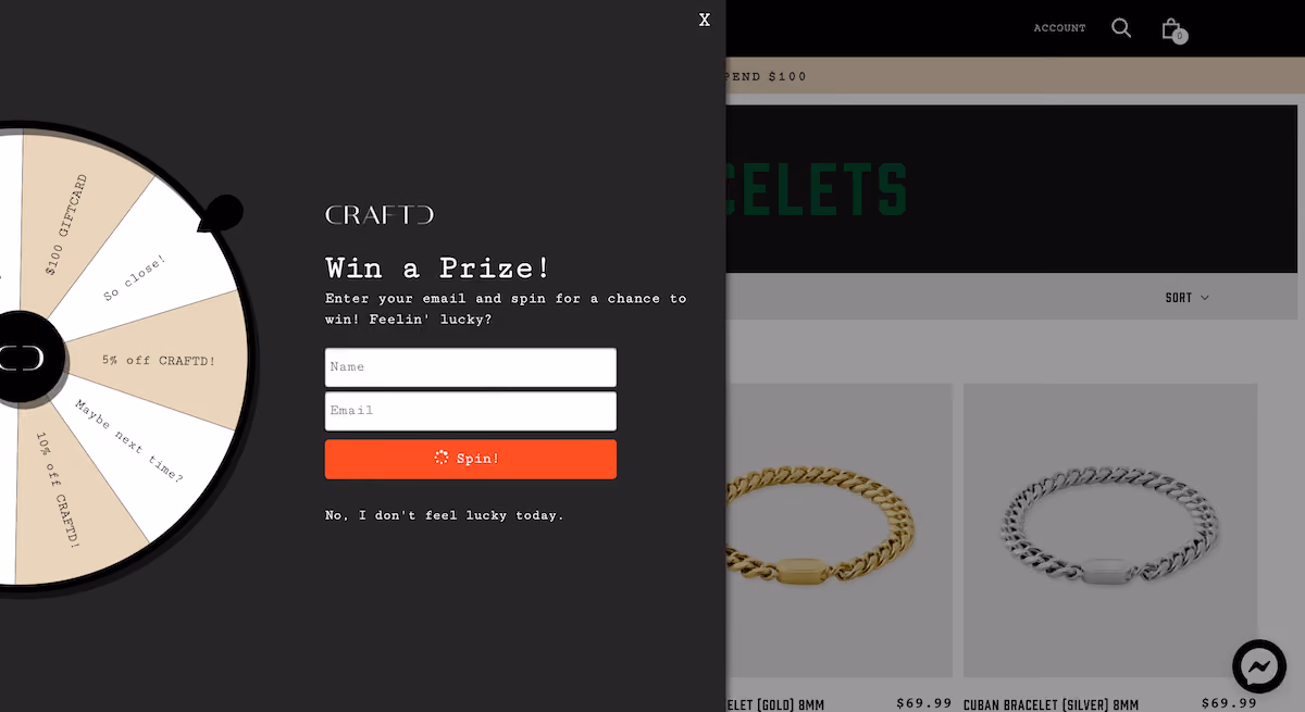 CRAFTD London Spin-to-Win Popup Example