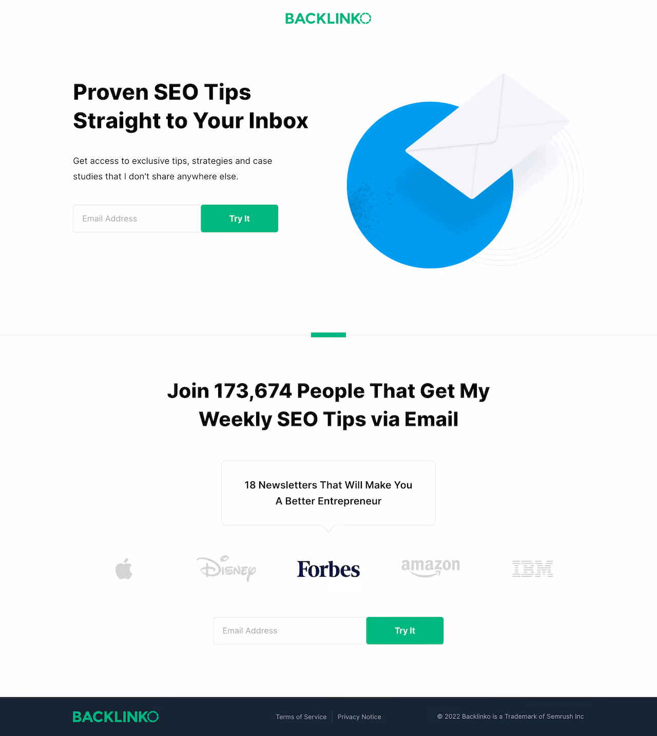 Backlinko Newsletter Landing Page Example
