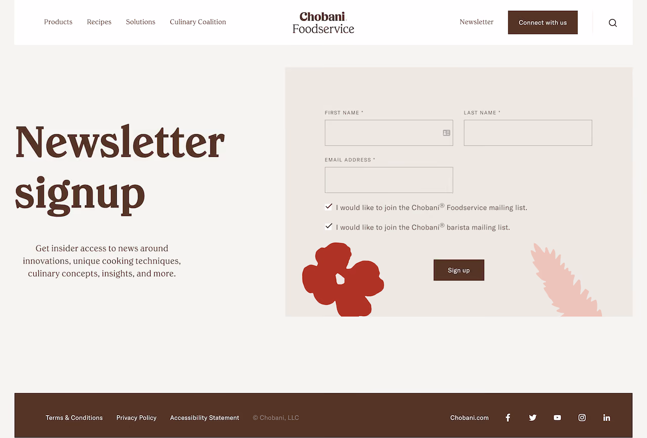 Chobani Newsletter Landing Page Example