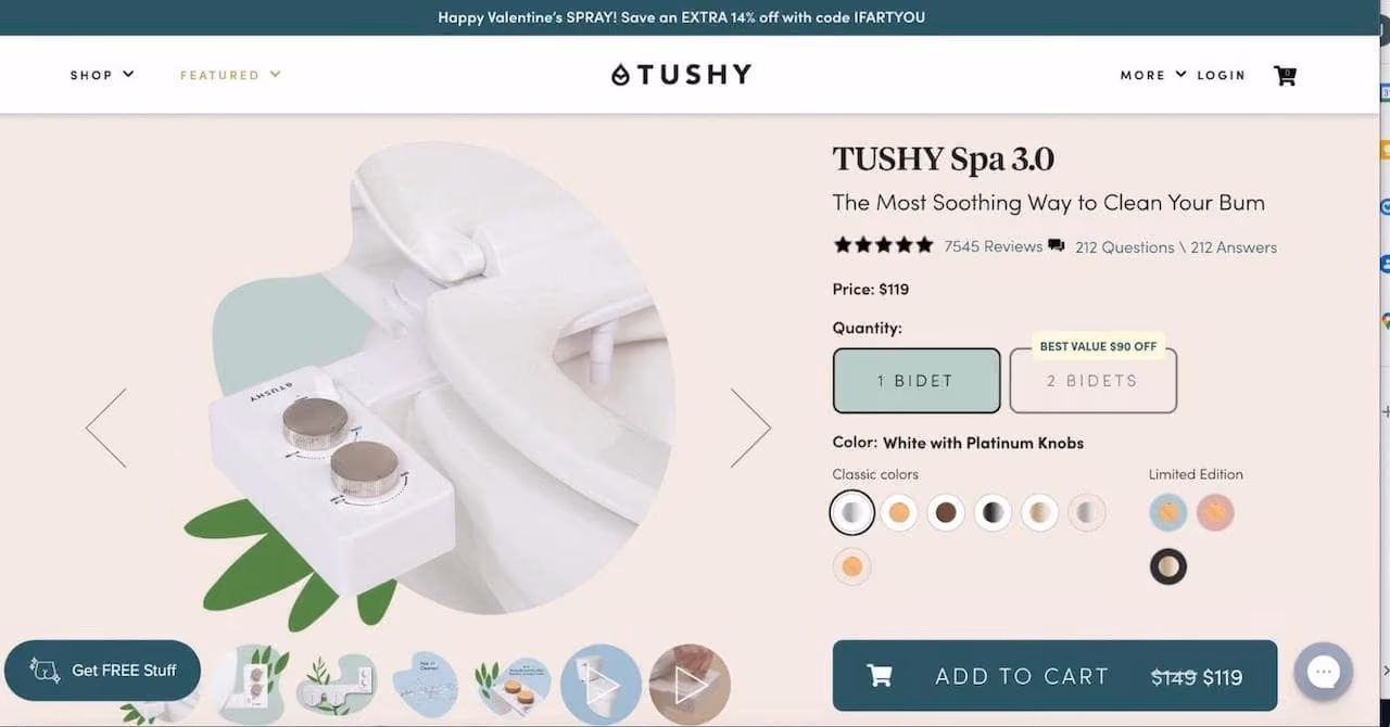Tushy Coupon Code Sticky Bar Example