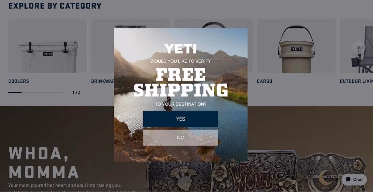 Yeti Free Shipping Lightbox Popup Example