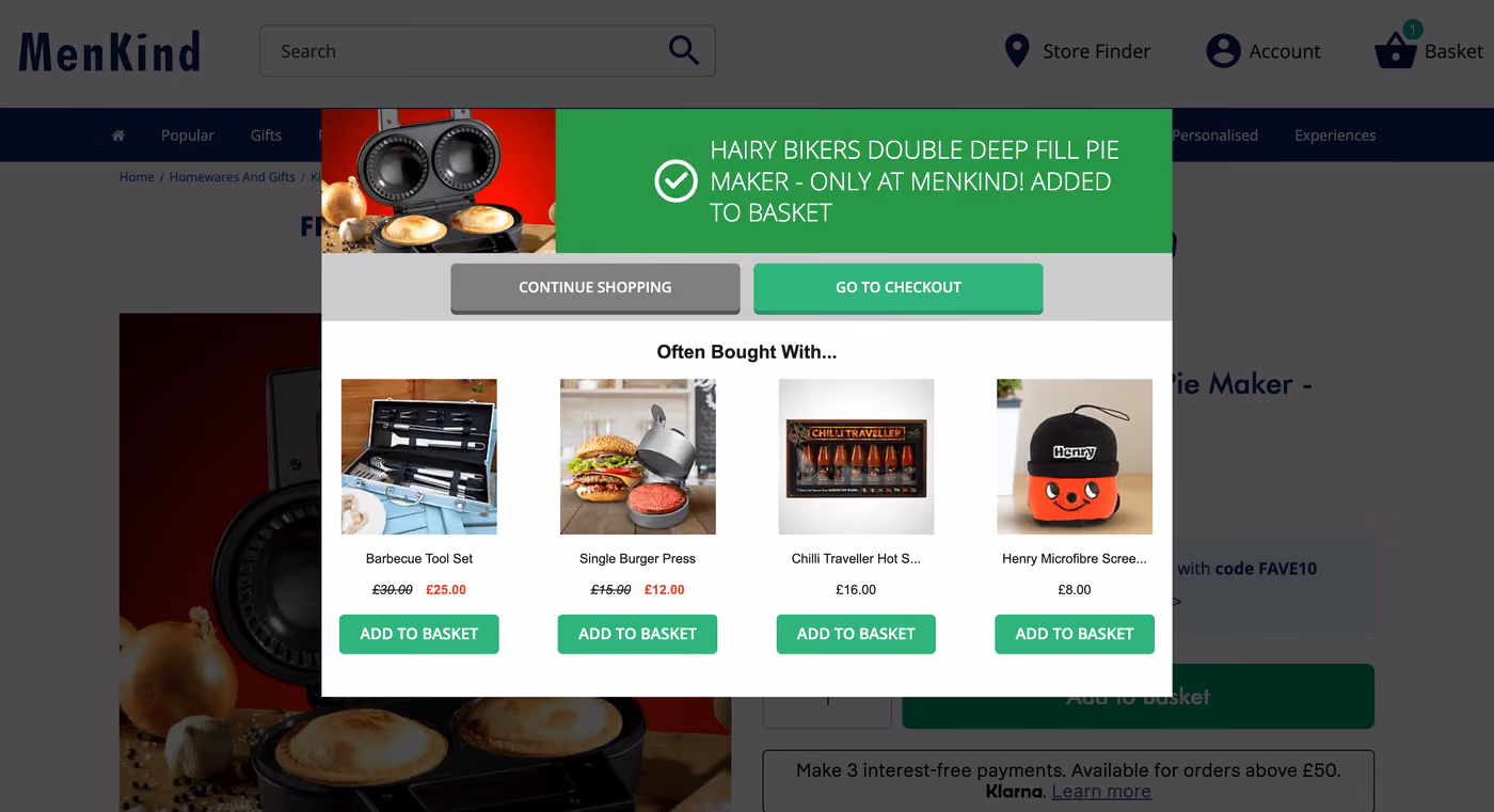 Menkind Cross-Sell Popup Example