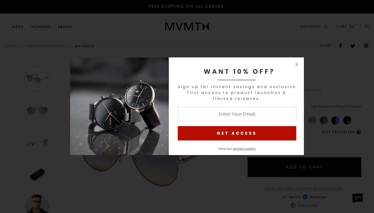 MVMT's abandon cart popup