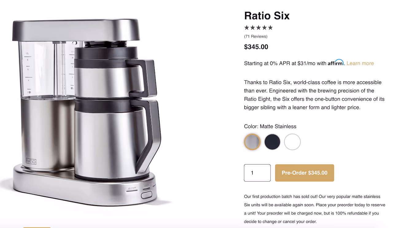 Ratio Coffee’s Add To Cart button