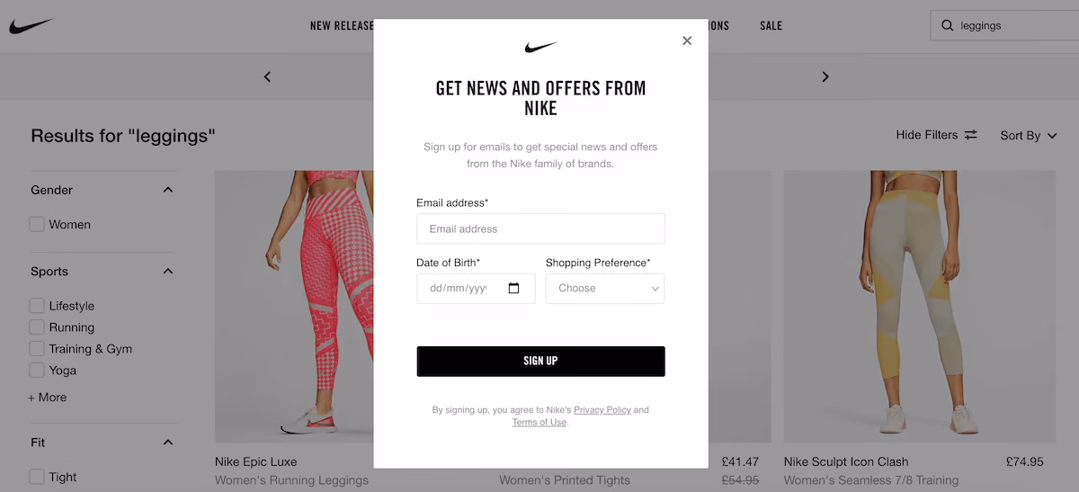 Nike Email Popup