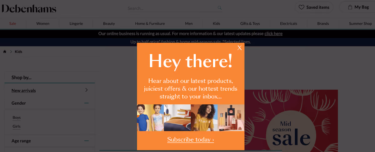 Debenhams Email Popup