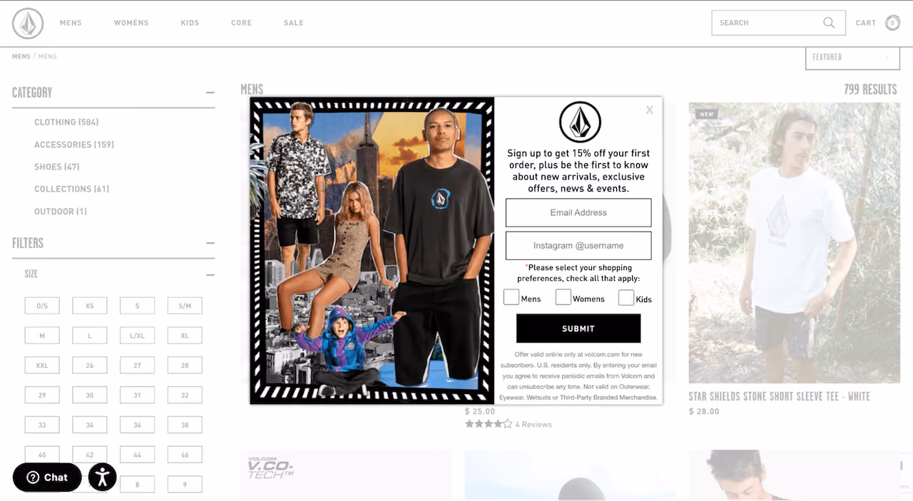 Volcom Shopping Deals Popup Example