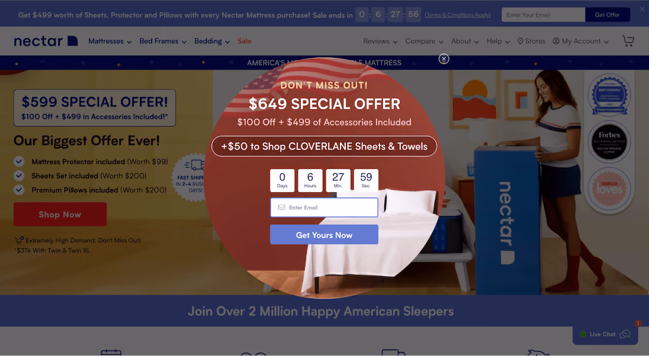 Nectar Sleep Shopping Deals Popup Example
