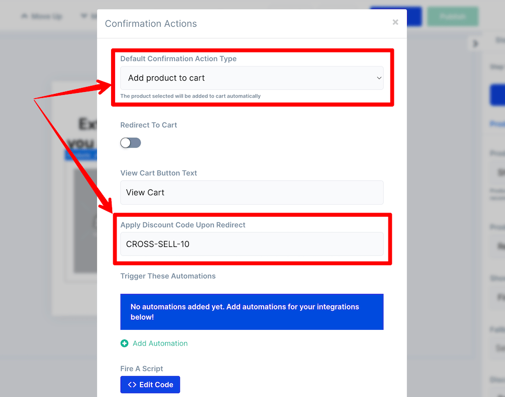 Confirmation Actions modal settings