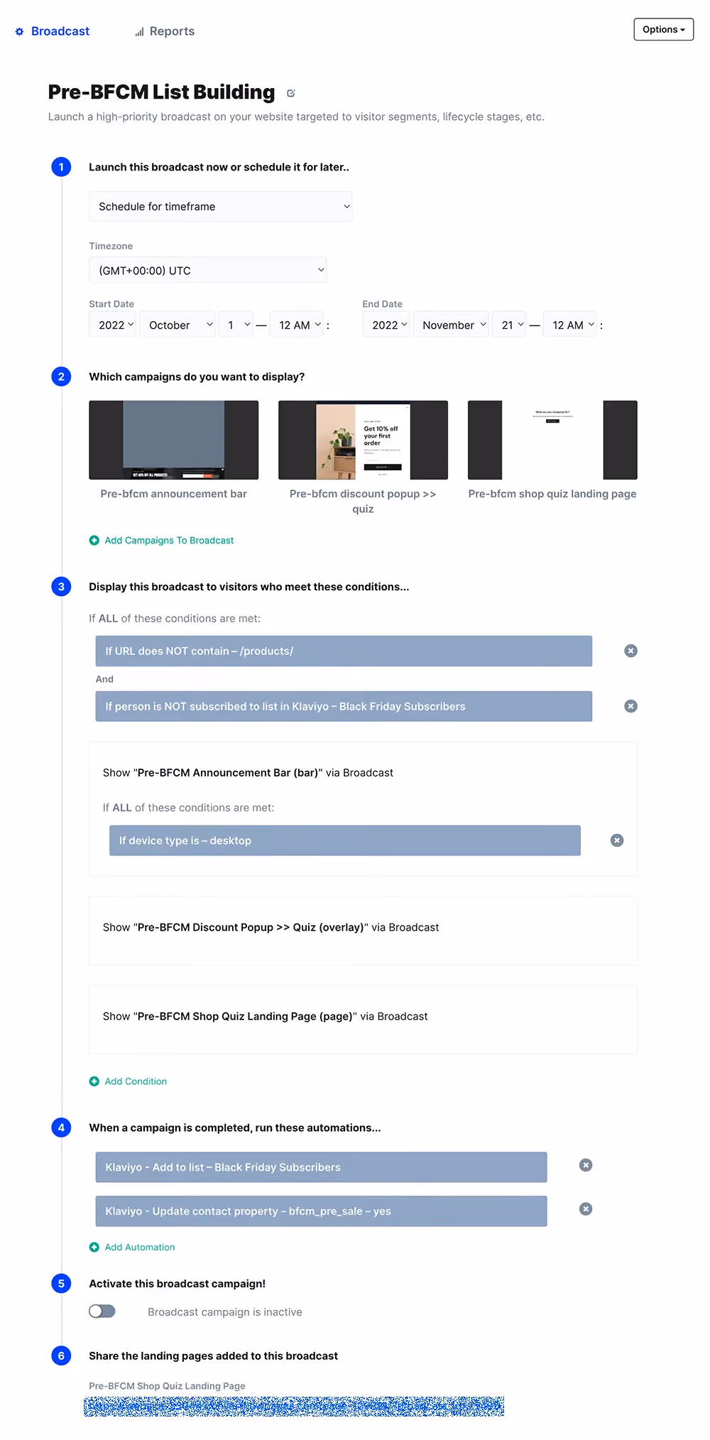 Pre-BFCM list building broadcast example settings