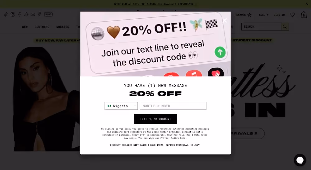 Offer-of-the-day popup examples: Princess Polly