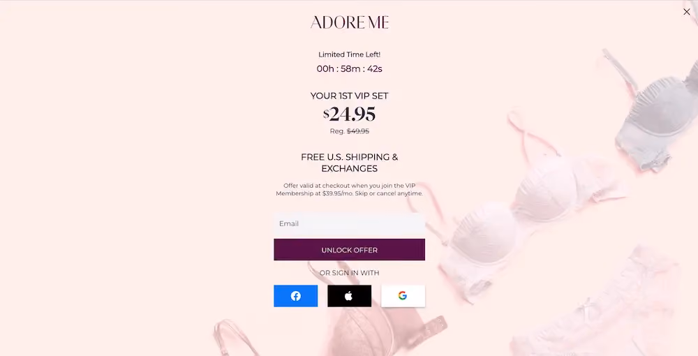 Offer-of-the-day popup examples: Adore Me