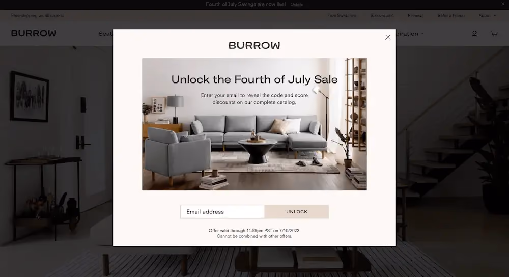 Offer-of-the-day popup examples: Burrow