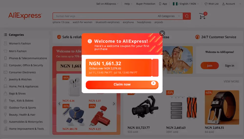 Offer-of-the-day popup examples: AliExpress