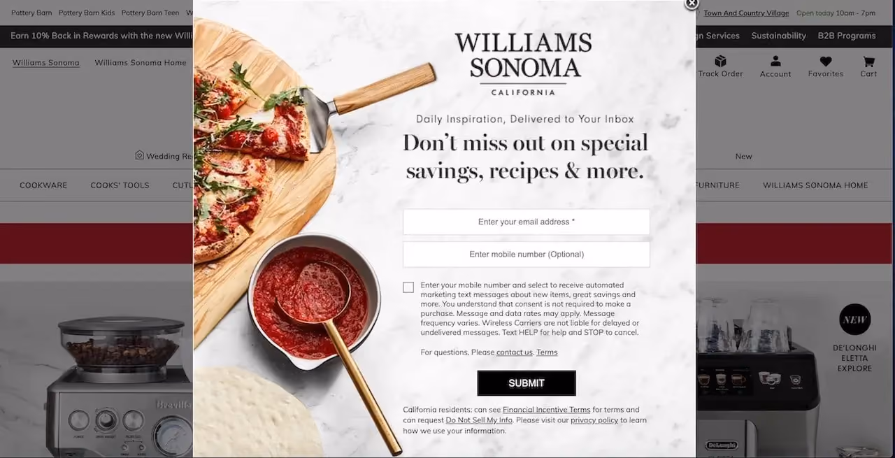 Williams Sonoma Subscription Popup Example