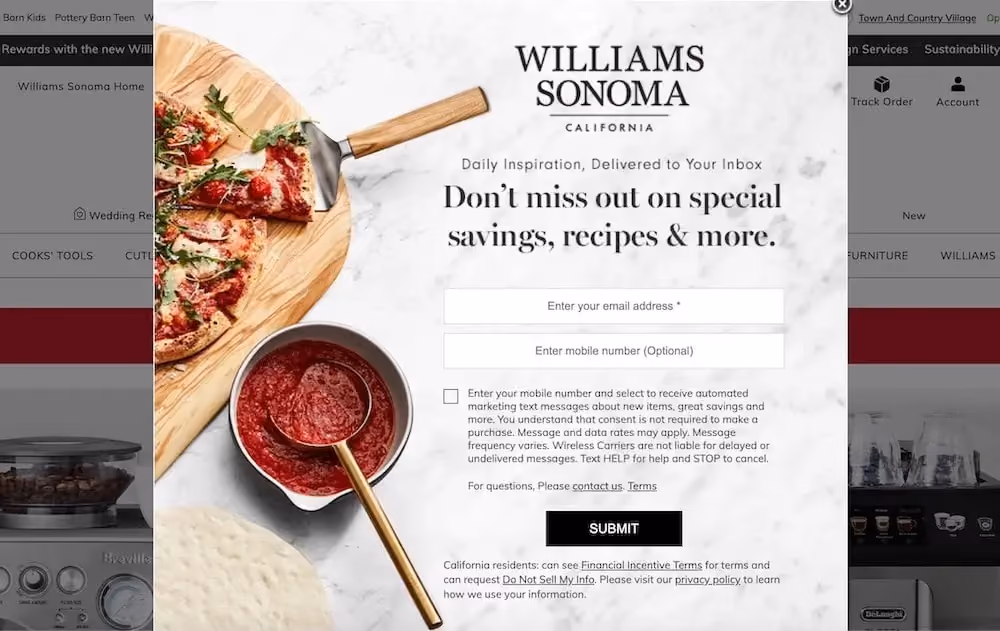 Email Subscription Popup Examples: Williams Sonoma